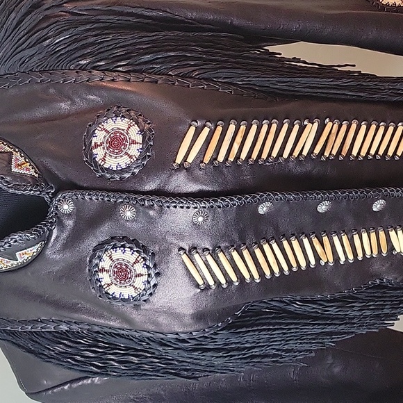 Vintage Beaded, fringe, Western black leather jacket - Picture 4 of 13